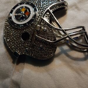 Silver Rhinestone Football Helmet Brooch